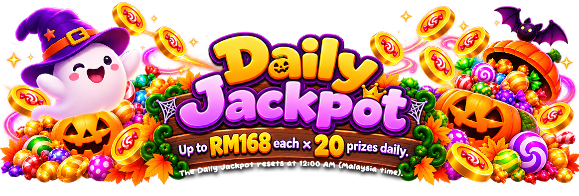 Daily Jackpot. Up to RM168 each × 20 prizes daily. The Daily Jackpot resets at 12:00 AM Malaysia time.